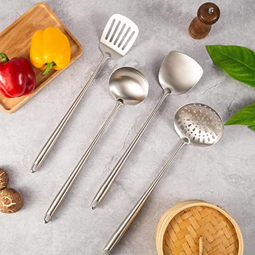 17″ Wok Utensils - Wok Spatula and Ladle, Skimmer Spoon, Slotted Spatula | 304 Stainless Steel Kitchen Utensils Set, 4-Pieces Extra Long Handle Cooking Tools, All Metal Chinese Wok Accessories - Image 4