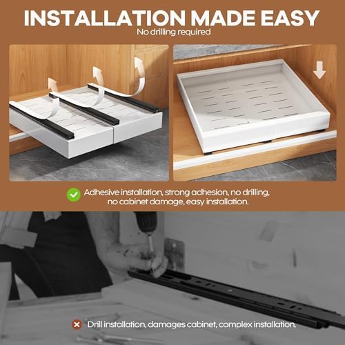 Seinloes 2 Pack Expandable Pull Out Cabinet Organizer 16.5"Deep with Raising Pad for Framed Cabinets,Upgrade 3 Slide Rails Slide Out Drawers,Roll Out Shelves Adhesive,Adjustable Width 12.2"-20.4"White - Image 6