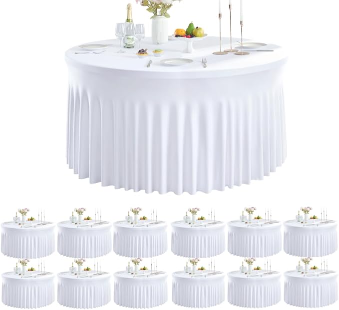 leegleri 12 Pack Spandex White Round Tablecloths for 72in Table, Stretchy 132inch Fitted 6FT Round Table Cloths, Wrinkle Free Table Cover with Skirt for Wedding Birthday Party Bridal Shower Banquet by LeegleriTableSkirt