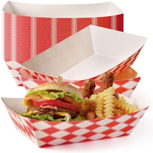 Fit Meal Prep [125 Pack 5 lb Paper Food Trays Heavy Duty Disposable Food Boats, Red Check, for Parties Fairs Picnics Carnivals, Hold Hamburger Snack Fries Hot Dog Grease Resistant by FMPBRANDS