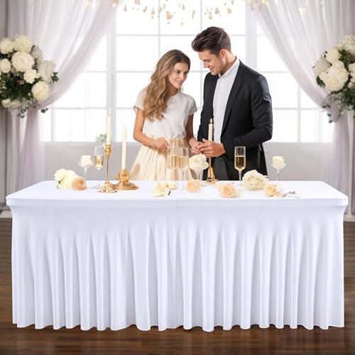 PARTISKY 4 Pack White Spandex Table Cloths for Rectangle Tables 6ft, White Table Skirt for Party, Table Cover with Skirt for Wedding Folding Table Banquet Baby Shower & Birthday Parties - Image 5