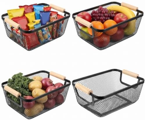 Ziliny 4 Pcs Metal Mesh Wire Baskets with Wooden Handles for Organizing, Pantry Organizers and Storage Steel Bin Kitchen Baskets for Fruit Potato Onion Snacks Bathroom Cabinet(Small,Black) by Ziliny