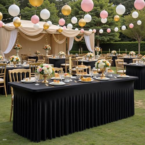 CO-AVE 4pack Black Spandex Table Skirt for 8 Foot Rectangle Tables, Wrinkle Free Stretchy 8ft Fitted Table Covers Cloths for Weddings Birthday Graduation Party Events Banquette Baby Shower by CO-AVE