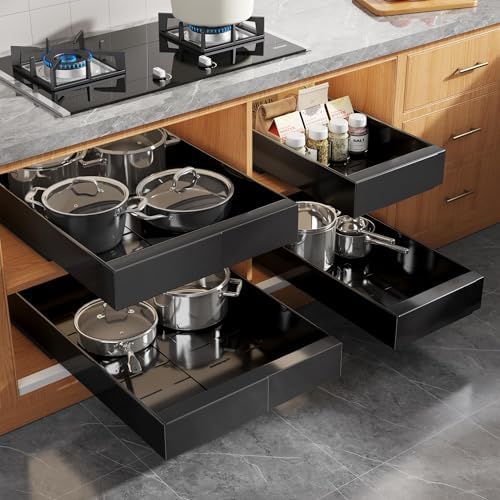 Seinloes 4 Pack Expandable Pull Out Cabinet Organizer 21" Deep with Raising Pad for Framed Cabinets,Upgrade 3 Slide Rails Slide Out Drawers,Roll Out Shelves Adhesive,Adjustable Width 9"-14.1" Black by Seinloes