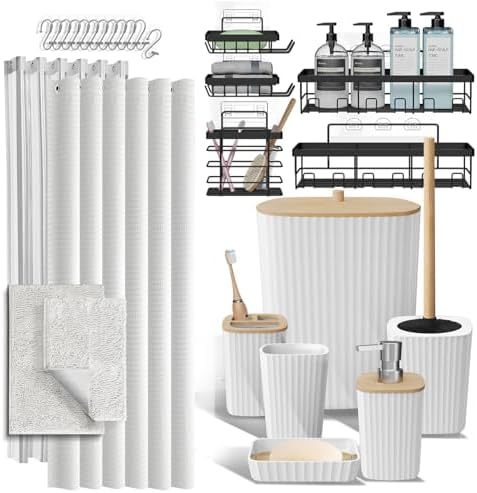 Clara Clark Bathroom Accessories Set - 27PC Bathroom Set with Adhesive Corner Shower Caddy Hanging, Bathroom Sets with Shower Curtain and Rugs, White Shower Curtain Set with Bathroom Trash Can by ClaraClark