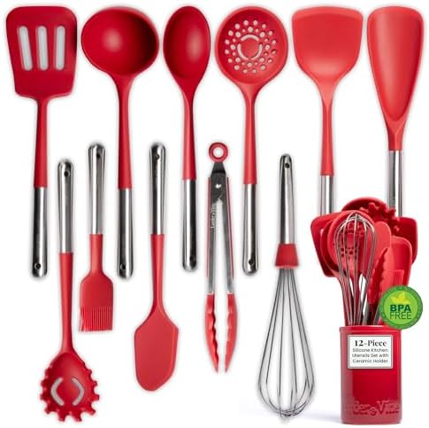 Larder & Vine 12-Piece Silicone Kitchen Cooking Utensils Set with Stainless Steel Handle and Ceramic Holder, Dishwasher Safe Set of Kitchen Essentials (Cabernet) by LarderVine