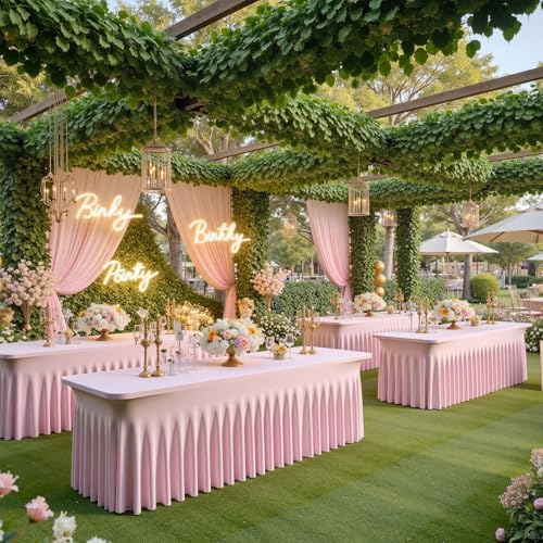 2pk Spandex Table Clothes for 8 Foot Rectangle Tables, Pink Stretch Table Cloth 8ft Fitted Tablecloths Desk Skirt for Parties Weddings Birthday Banquet Baby Shower - Image 3