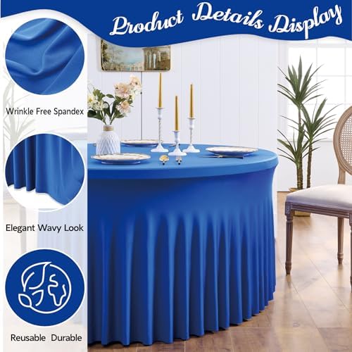 Outpain Royal Blue Spandex Round Tablecloths for 72 inch Table, Stretchy 132inch Fitted 6FT Round Table Cloths with Skirt for Wedding Party Dining Banquet - Image 4