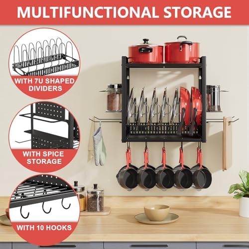 Wall Mounted 16" Pot Rack，2 Tier Kitchen Pots & Pan Organizer with 10 Hooks | Spice Rack & Pot Lid Holder, Heavy Duty Steel Pot and Pan Hanger for Kitchen Cookware Utensils Storage - Image 4