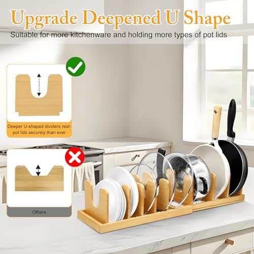MinBoo Bamboo Expandable Pot Lid Organizer, Pot and Pan Organizer Drawer Organizer for Pot Lids, Adjustable 10 U-Shaped Dividers for Kitchen Cabinet Organizers and Storage (Bamboo-1) - Image 2