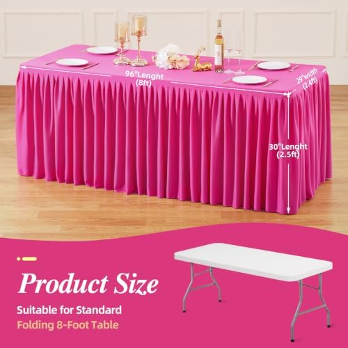 PARTISKY 1 Pack Hot Pink Tablecloths for Rectangle Tables 8ft, Wrinkle Resistant Spandex Table Cover Fitted Stretch Table Cloth with Pleated Ruffle Skirts for Party Banquet Dining Birthday Wedding - Image 3