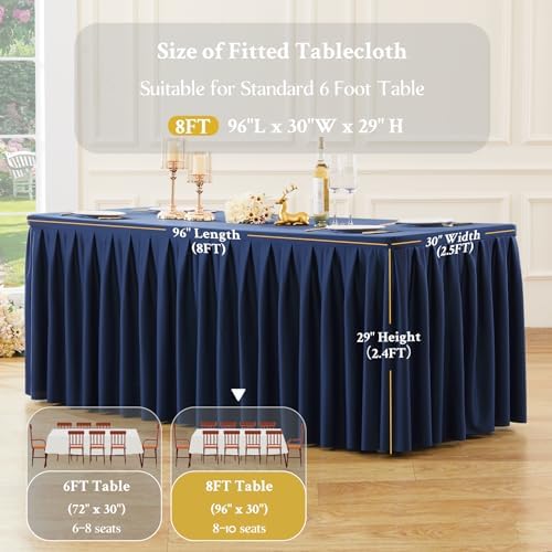 2 Pack Navy Blue Rectangle Tablecloth 8 FT Stretch Spandex Fitted Table Cloth for 8 Foot Rectangle Tables Banquet Tablecloths Wrinkle Free Table Cover Skirt Stitch Ruffle Tablecloth for Party Wedding - Image 5