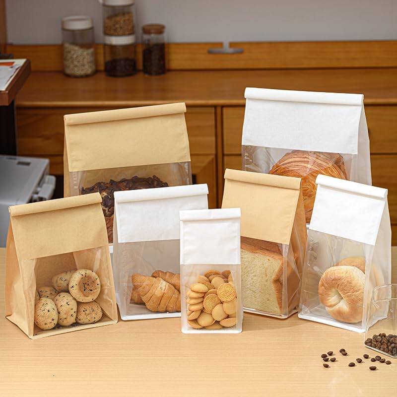 Paper Bakery Bags with Window, Kraft and White, Roll Top Closure, Food Storage for Bread Cookies Snacks (100, White, Large) - Image 3
