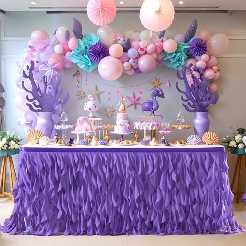 Partisky Mermaid Purple Tulle Curly Willow Table Skirt for Rectangle Table 17ft, Ruffle Tutu Table Cloth for Girls Boys Baby Shower,Mermaid Birthday Party - Image 2