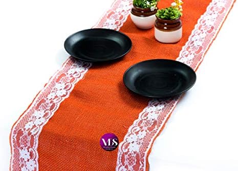 VDS Pack of 20, Burlap Table Runner with White Lace Edge, 100% Natural Jute Rustic Hessian Table Cloth Centerpiece for Wedding Birthday Party Banquet Table Decoration (Size 12X108 Inch)(Orange) by VDS