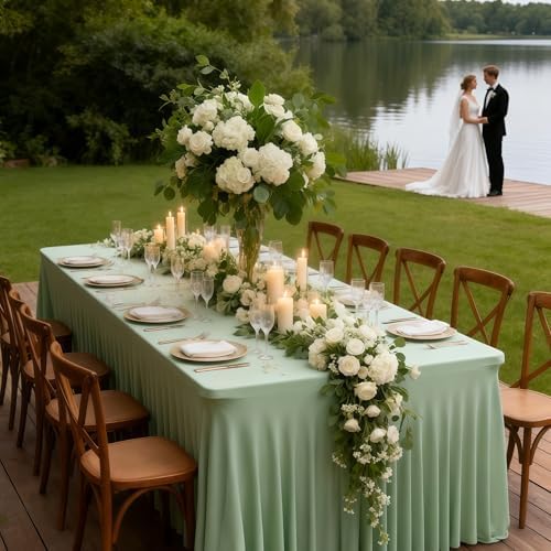 Wish Care 6 Pack Sage Green Spandex Table Clothes for 8 Foot Rectangle Tables, 8FT Wrinkle Free Fitted Tablecloths Ruffles Design Table Cloth for Party, Banquet, Wedding and Events - Image 4