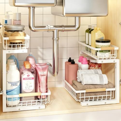REALINN Under Sink Organizer, White 2 Pack Height Adjustable by REALINN