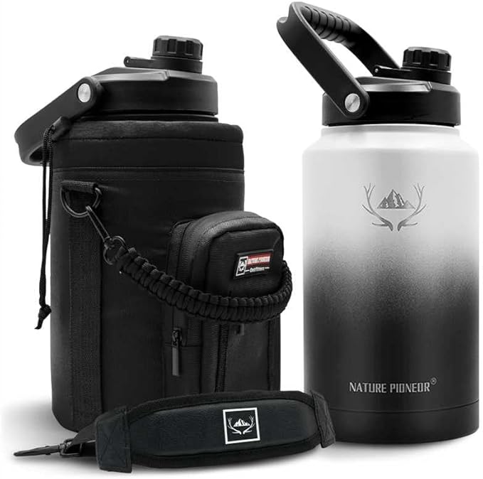 NATURE PIONEOR 1 Gallon (128oz) Insulated Water Bottle Jug with Carrier Bag | 18/8 Food-grade Stainless Steel, Double Vacuum Insulation, Wide-Mouth, Straw & Spout Lid, Strap, Camping, Hiking, Gym, Work by NATUREPIONEOR