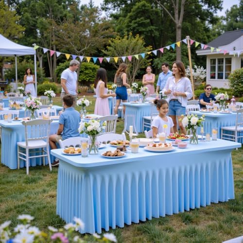 2 Pack Spandex Baby Blue Table Clothes for 8 Foot Rectangle Tables, Wrinkle Free Table Cloth 8ft Stretchy Tablecloths with Skirt for Parties Weddings Birthday Banquet Baby Shower - Image 3