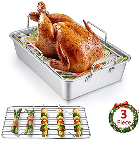 E-far 14 x 10.6 Inch Roasting Pan, Stainless Steel Turkey Roaster with V Rack & Baking Rack Set, Small Heavy Duty Deep Broiling Pan for Oven Cooking Lasagna Meat Chicken - Dishwasher Safe by E-far
