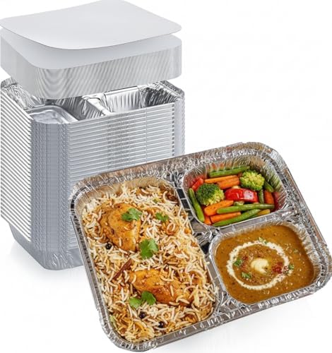 Disposable Aluminum Foil Tray with Paper Board Lids (Case of 250 sets) – L 8 1/2" x W 6 1/2" x H 1 1/2" 3-Compartment Foil Pan - Image 2