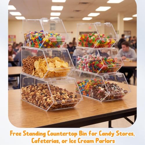 2 Sets/6 Pcs Stackable Candy Bins with Hinged Lid Small Medium Large Clear Acrylic Storage Bins Stackable Pantry Storage Caddy for Cereal Nuts Candies Snack Ice Cream Toppings, Wrapped Snacks - Image 5