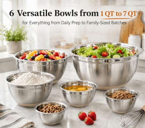 7QT 30PCS Mixing Bowls with Lids Set, 7QT to 1QT Stainless Steel Nesting Bowls with Graters, Non-Slip Silicone Bottom, Large Khaki Bowls & 21 Measuring Cups and Spoons Set Kitchen Appliances - Image 3