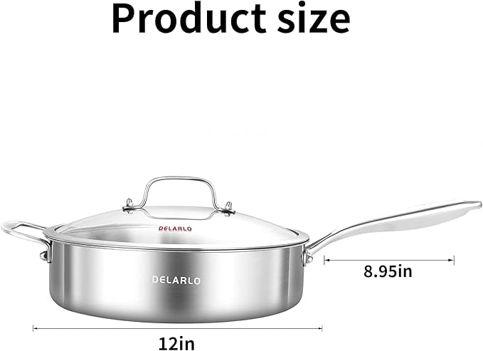 DELARLO Tri-Ply Stainless Steel Braiser Pans With Lid 5.5QT,12.3Inch Deep Frying pan,Induction Large Skillet,Jumbo Cooker,Efficent Fast Even Heating Cooking Pan Dishwasher and Oven Safe - Image 3
