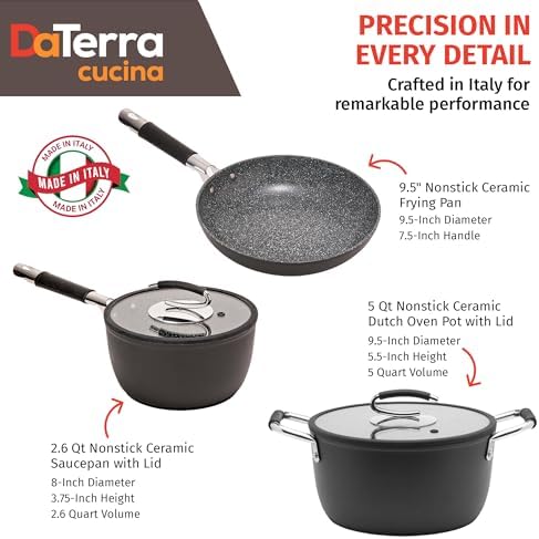 Nonstick Small Pasta Bundle – 2.6 Qt Saucepan with Lid, 9.5" Frying Pan, 5 Qt Dutch Oven with Lid – Induction Compatible, Oven Safe, Ceramic Nonstick, PTFE & PFOA Free Cookware Set – Made in Italy - Image 4
