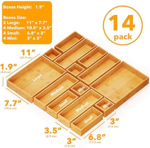 SpaceAid 14-Piece Bamboo Drawer Organizer Storage Boxes Set, Wood Tray Junk Drawer Organizers Multi-Use Divider Bins for Kitchen, Bathroom, Office Desk and Makeup Organization (14 Pack, Natural) - Image 3