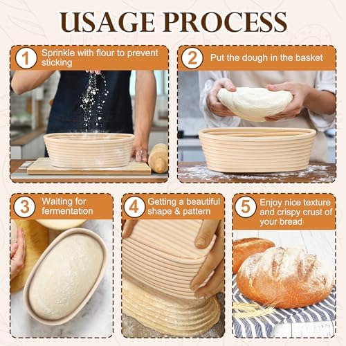 P&P CHEF Bread Proofing Basket Set of 2, 10 Inch Oval Sourdough Basket | Sourdough Bread Baking Supplies for Bakers, Starter, Handmade Rattan Baskets with Liners - Image 5
