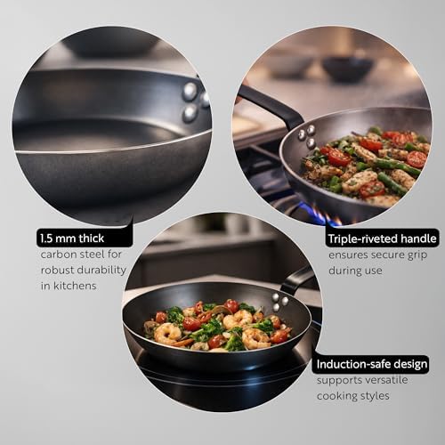 Restaurantware Carbon Steel Skillet 1 Count 18.31 x 10.24 Inches Non-Stick Fry Pan With Ergonomic Handle Oven Safe Professional Black Searing Cookware - Image 3