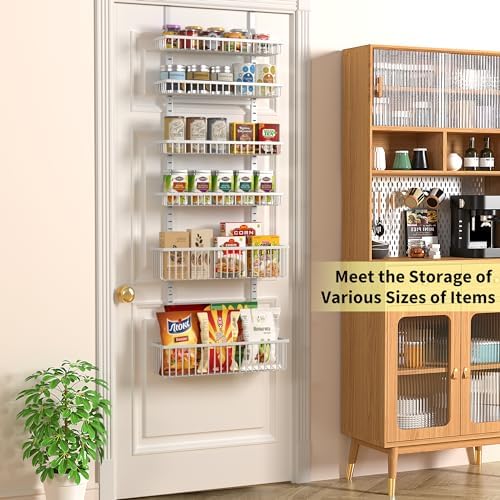Moforoco Adjustable Over the Door Organizer, Metal Hanging Door Organizer with 5 Wire Basket 7 Hooks, Wall Mounted Shelf for Pantry Laundry Organization and Storage, White - Image 2
