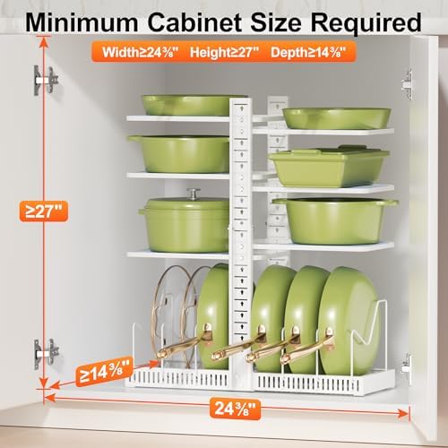 LAMU Pots and Pans Organizer under Cabinet, Pan Pot Organizers inside Cabinet with 6 Shelves and Pot Lid Organizer, Adjustable Height Up to 24", Holds up to 12 Pans, Lightweight Pots, White - Image 2