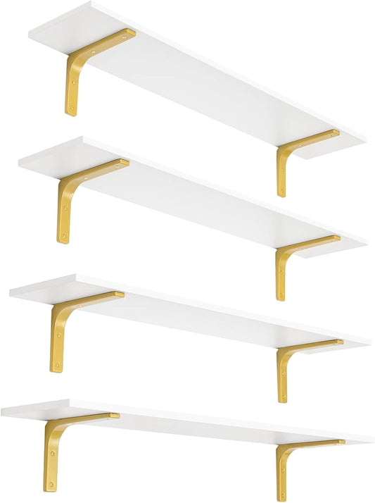 DINZI LVJ Long Wall Shelves, 39.4" Wall Mounted Shelves Set of 4, Large Floating Shelves for Wall with Metal Brackets, for Living Room, Bathroom, Bedroom, Kitchen, White and Gold