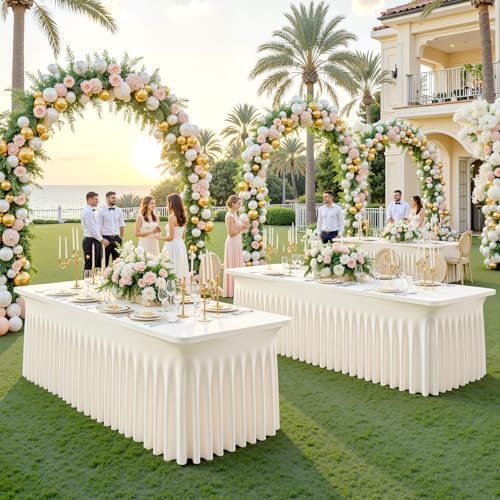 Besutolife Ivory Spandex Tablecloth with Skirt for 8ft Rectangle Tables 2 Packs-Wrinkle-Resistant Stretchable Machine Washable Perfect for Weddings Banquets Birthday Parties Events - Image 6