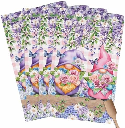 Spring Gnomes Kitchen Towels Set of 4 Watercolor Purple Blue White Floral Leaf Pink Plaid Wood Grain Decorative Dish Towels Ultra Soft Microfiber Absorbent Dishcloths for Kitchen Drying,18x28 In by Unknown