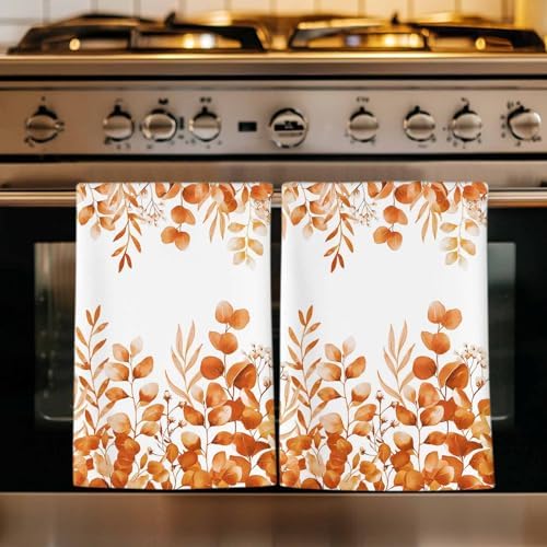 Orange Eucalyptus Kitchen Towels Set of 3, Absorbent Dish Towels for Kitchen, Botanical Summer Leaves Country Floral Microfiber Hand Towel, Quick Drying Tea Towel for Cleaning Decorative Dishcloths by Unknown