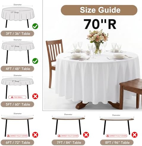 Fitable 8 Pack White Round Tablecloths 70 Inch for 36"-48" Tables - Image 4
