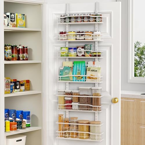 Moforoco White 6-Tier Over Door Pantry Organizer, Pantry Organization Storage, Door Metal Hanging Spice Rack Basket Shelves, Home Kitchen Apartment Essentials, Laundry Room Bathroom Organization by MOFOROCO