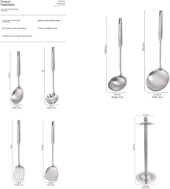 Premium 7-Piece Gold Kitchen Utensil Set with Stand, Stainless Steel Cooking Tools- Dishwasher Safe Ladle, Spoon, Spatula, Pasta Fork, Luxury Brass Kitchen Accessories for Home Chefs (silvery) - Image 2