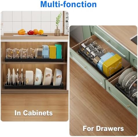 Mustorn 2 Pack Pots and Pans Organizer under Cabinet, 22" Expandable Food Storage Container Lid Organizer with 9 Adjustable Stainless Steel Dividers, ABS Base, Countertop Rack, Black - Image 4