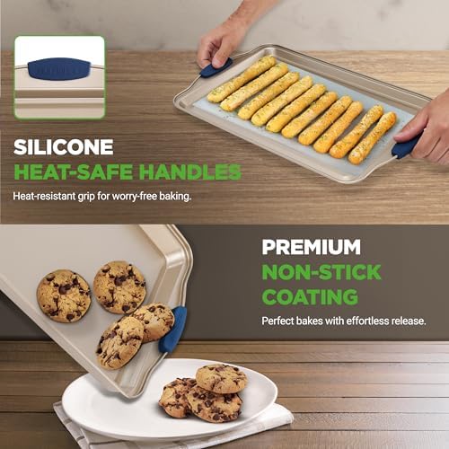 NutriChef 3‑Piece Non‑Toxic Cookie Sheets for Baking – Premium Carbon Steel Oven Tray Set with Blue Silicone Handles – Nonstick Baking Sheet Set for Cookies, Pastries & Oven‑Safe Cooking - Image 6