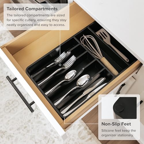 KitchenEdge Silverware & Utensil Organizer, Fixed 10.5 in, Black | Cutlery, flatware holder, rounded corners, 7 compartments, non-slip feet, kitchen drawers - Image 6