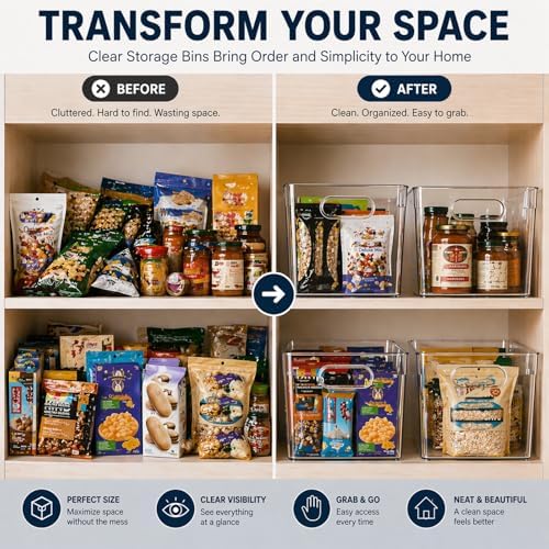 MOONEDGE 6 Pack Clear Organizer Bins 11x8x6in Pantry Organizers and Storage - Image 5