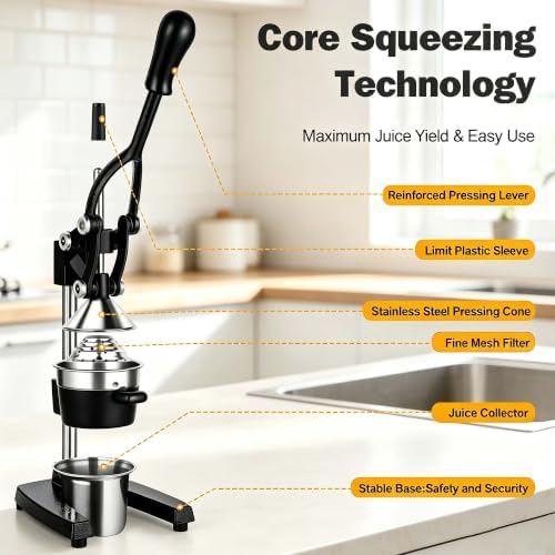 Cast Iron Orange Juicer Squeezer Hand Press Heavy Duty Countertop Squeezer Manual Citrus Juicer with a Stainless Steel Cup for juicing oranges, lemons, pomegranates, limes, citrus, etc（Black） - Image 6