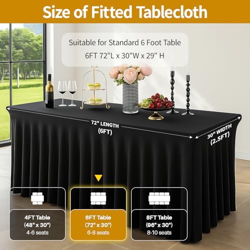 Deep Dream 2 Pack Black Spandex Table Covers 6 Foot, Fitted Stretch Tableclothes 30x72 Inch, Wrinkle Free 6FT Fitted Table Clothes with Skirt for Party, Banquet, Wedding and Events - Image 3