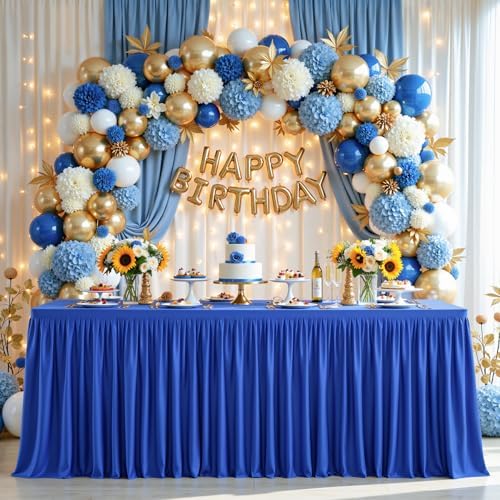 PARTISKY 2 Pack Royal Blue Tablecloths for Rectangle Tables 6ft, Wrinkle Resistant Spandex Table Cover Fitted Stretch Table Cloth with Pleated Ruffle Skirts for Party Banquet Dining Birthday Wedding - Image 3