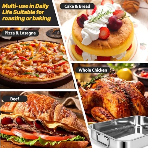 2 Pcs 12.7"15.5" Stainless Steel Roasting Pans with Handles, Baking Pan for Oven with 2 Pcs Flat Racks, Heavy Duty, Dishwasher Safe Rectangular Lasagna Pan with Handles for Turkey Chicken, Silver - Image 4