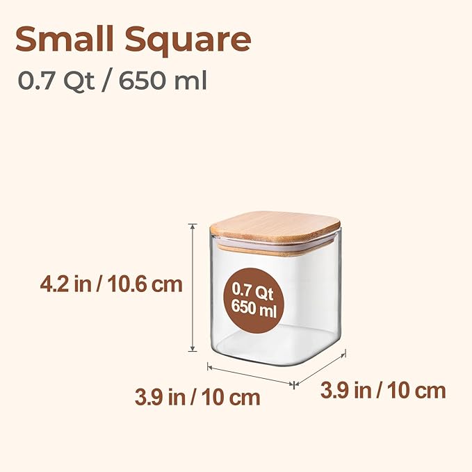 ComSaf Square Glass Containers with Lids 0.7 Qt, Set of 4 Pantry Glass Jars | Glass Storage Containers with Lids, Small Canisters, Spice Jar, Bamboo Lid with Silicone Seal, Size For Subpackage, BPA Free - Image 2